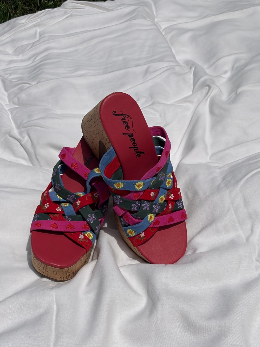 Free People Pink and Red Floral Embroidered Cork Wedge Mules